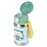 Skip Hop kids' stainless steel straw water bottle with a cute hedgehog design, teal lid, and yellow strap.