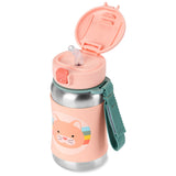 Pink Skip Hop stainless steel straw water bottle with a cat design, silicone sleeve, and green strap.