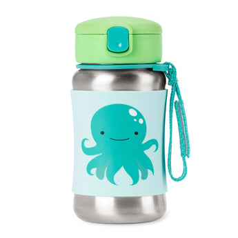 Skip Hop kids' stainless steel straw water bottle with a green lid and blue octopus design.