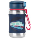 Skip Hop kids' stainless steel straw water bottle with a blue lid, red strap, and train design.