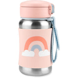 Pink Skip Hop kids stainless steel straw water bottle with rainbow design, silicone sleeve, and blue strap.