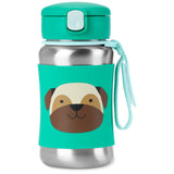 Skip Hop kids' stainless steel straw water bottle with a teal lid, silicone sleeve, and a cute pug dog design.