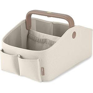 Skip Hop Light Up Diaper Caddy in cream with a brown glowing handle, modular divider, and four pockets.