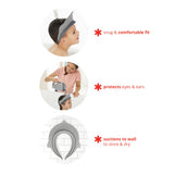 Gray Skip Hop Moby Bath Head Visor on a child, protecting eyes and ears, with a suction cup for storage.