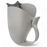 Gray Skip Hop Moby Waterfall Rinser, a whale-shaped baby bath rinser with a dark gray soft rubber lip and ergonomic handle.