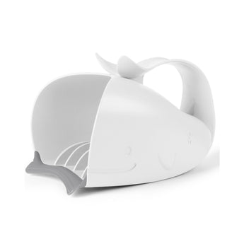 White whale-shaped Skip Hop Moby Waterfall Rinser with a grey rubber lip and ergonomic handle.