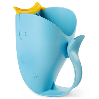 Blue Skip Hop Moby Waterfall Rinser, a whale-shaped baby bath cup with a yellow spout and ergonomic handle.