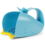 Blue whale-shaped Skip Hop Moby Waterfall Rinser with yellow lip and handle for cry-free baby baths.
