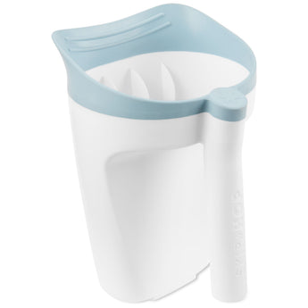 White and light blue Skip Hop Moby Waterfall Rinser with an ergonomic handle and soft rubber lip.