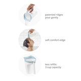 White Skip Hop Moby Waterfall Rinser with blue trim, showing gentle pour, soft comfort-edge on a child, and 3-cup capacity.
