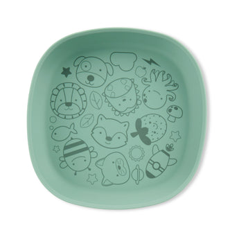 Mint green Skip Hop Squad silicone kids plate with various animal and nature doodles.