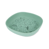 Mint green Skip Hop Squad silicone kids plate with black animal and nature doodles.
