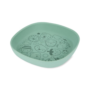 Mint green Skip Hop Squad silicone kids plate with black animal and nature doodles.
