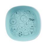 Light blue Skip Hop Squad silicone kids plate with various animal and object doodles.