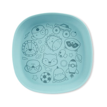 Light blue Skip Hop Squad silicone kids plate with various animal and object doodles.