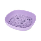 Purple Skip Hop Squad silicone kids plate with various animal and food doodles.