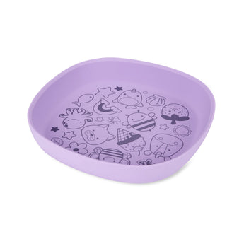 Purple Skip Hop Squad silicone kids plate with various animal and food doodles.