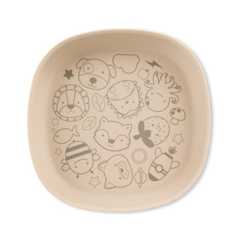 Skip Hop Squad tan silicone kids plate with various animal and nature line art designs.
