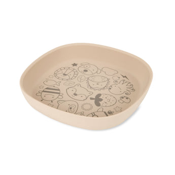 Beige Skip Hop Squad silicone kids plate with black animal and nature doodles.