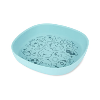Light blue Skip Hop Squad silicone kids plate with various animal and object illustrations.