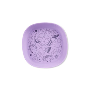 Purple Skip Hop Squad silicone kids plate with playful animal and food illustrations.
