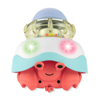 Skip Hop Stack & Crawl 4-in-1 Crab baby toy with red body, blue shell, clear rattle, and glowing lights.