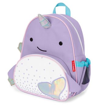 Purple Skip Hop Zoo Narwhal toddler backpack with a holographic horn, heart, and side mesh pocket.