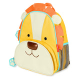 Yellow Skip Hop Zoo Lion toddler backpack with orange mane, mesh side pocket, and front snack pouch.