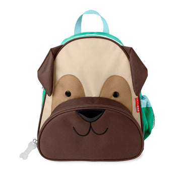 Skip Hop Zoo Pug Backpack: beige and brown toddler mini backpack with dog face design, front pocket, and side mesh pocket.