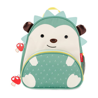Skip Hop Zoo Hedgehog toddler backpack in teal and cream with mushroom zipper pulls.