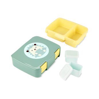 Skip Hop Zoo hedgehog bento box with green lid, yellow divided tray, and two small containers.