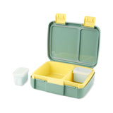 Open green and yellow Skip Hop Zoo Bento Box with two small containers.
