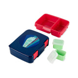 Navy blue bento box with train graphic, red divided tray, and two small green containers.