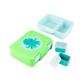 Green Skip Hop Zoo bento box with an octopus design, divided teal tray, and two small teal containers.