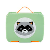 Mint green Skip Hop Zoo kids bento box with a cute raccoon face design and orange handle.