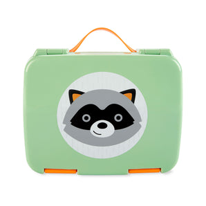 Mint green Skip Hop Zoo kids bento box with a cute raccoon face design and orange handle.