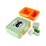 Skip Hop Zoo Raccoon Bento Box: green lid with raccoon face, orange divided tray, and two small green containers.