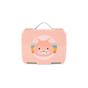 Pink Skip Hop Zoo kids bento box with a cute cat face design and green handle.