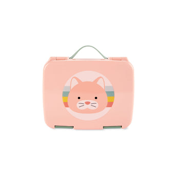 Pink Skip Hop Zoo kids bento box with a cute cat face design and green handle.