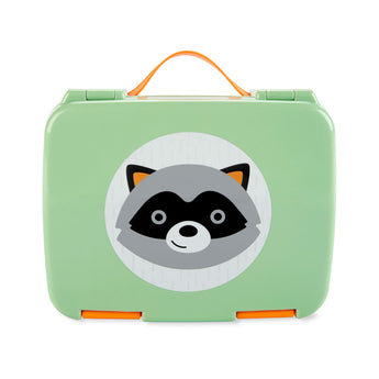 Mint green Skip Hop Zoo kids bento box with a cute raccoon face design and orange handle.