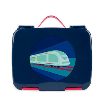 Dark blue kids' bento box with a red handle and clasps, featuring a light blue train graphic.