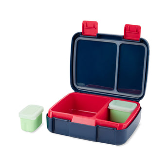 Open Skip Hop Zoo Bento Box: navy blue exterior, red interior tray with two compartments, two light green containers with lids.