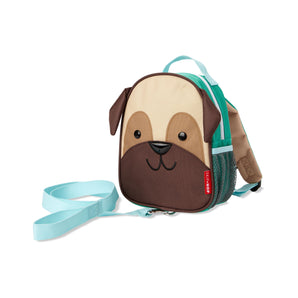 Skip Hop Zoolet Pug Mini Backpack with brown, tan, and black pug face, green sides, and blue detachable tether.