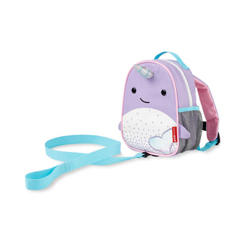 Skip Hop Zoolet Narwhal Mini Backpack in purple with a shiny horn and detachable blue tether.
