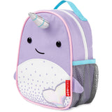 Skip Hop Zoolet Narwhal mini backpack in purple with a holographic horn, pink trim, and blue handle.