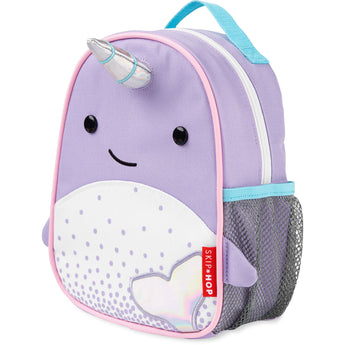 Skip Hop Zoolet Narwhal mini backpack in purple with a holographic horn, pink trim, and blue handle.