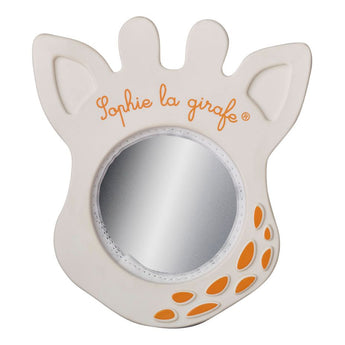 Sophie la girafe Magic Mirror SIGHT White teething toy, giraffe-shaped with orange spots and text.