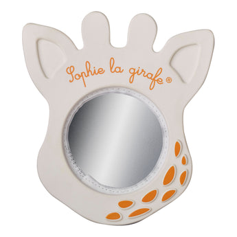 Sophie la girafe Magic Mirror SIGHT White teething toy, shaped like a giraffe head with orange spots and logo.