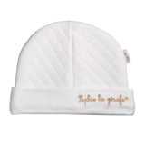 White quilted organic cotton baby hat with "Sophie la girafe" embroidered in gold.