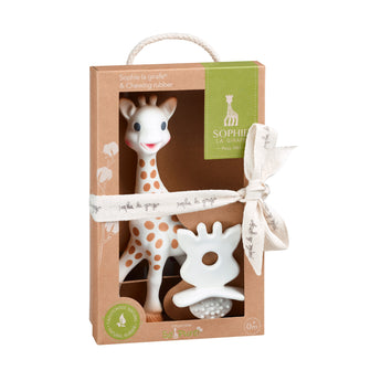 Sophie la girafe So'Pure natural rubber giraffe and white teething ring in a brown gift box with ribbon.